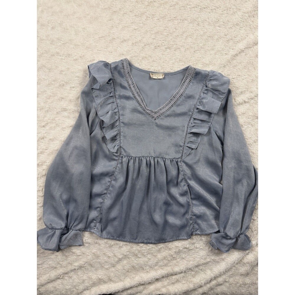 Altar'd State Blue Satin Ruffle V-Neck Blouse Long Sleeve Women's Size M